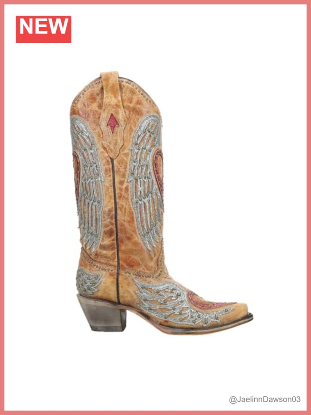 Leather Western Boots with Heart Wings Overlay Embroidery Studs Snip Toe